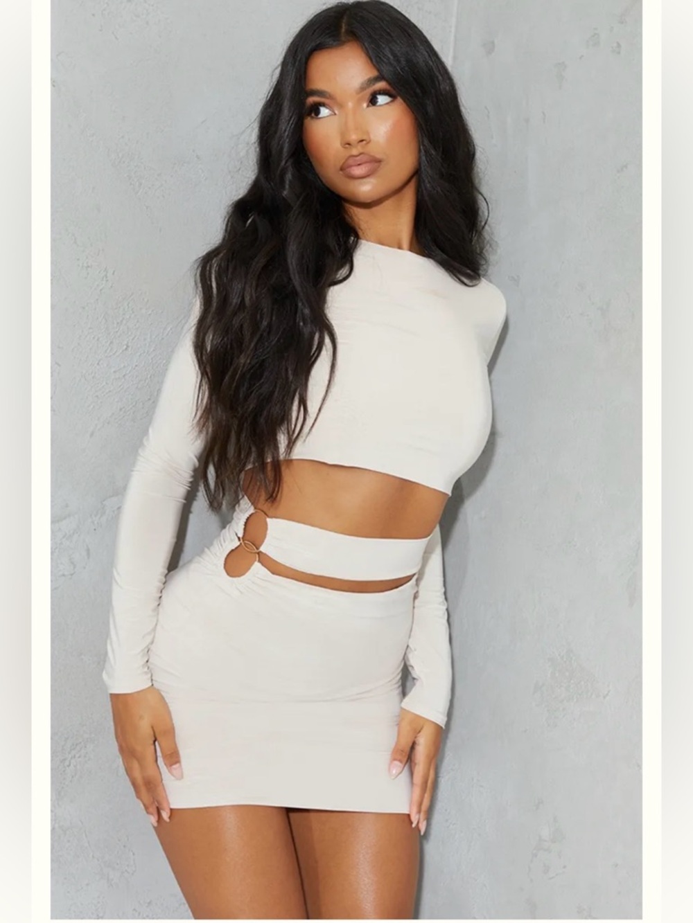PrettyLittleThing Beige Silky Cut Out Ring Detail Dress
